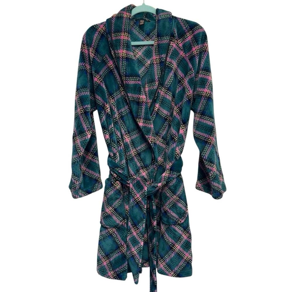 Victoria's Secret Plaid Robe XS Pink Blue Wrap Belted Sleep Lounge Cozy